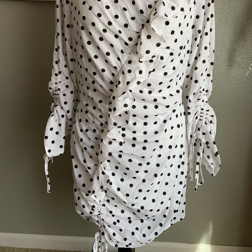 Blue Bush Black & White Polka Dot Ruffle Ruched Woven Dress Size Large